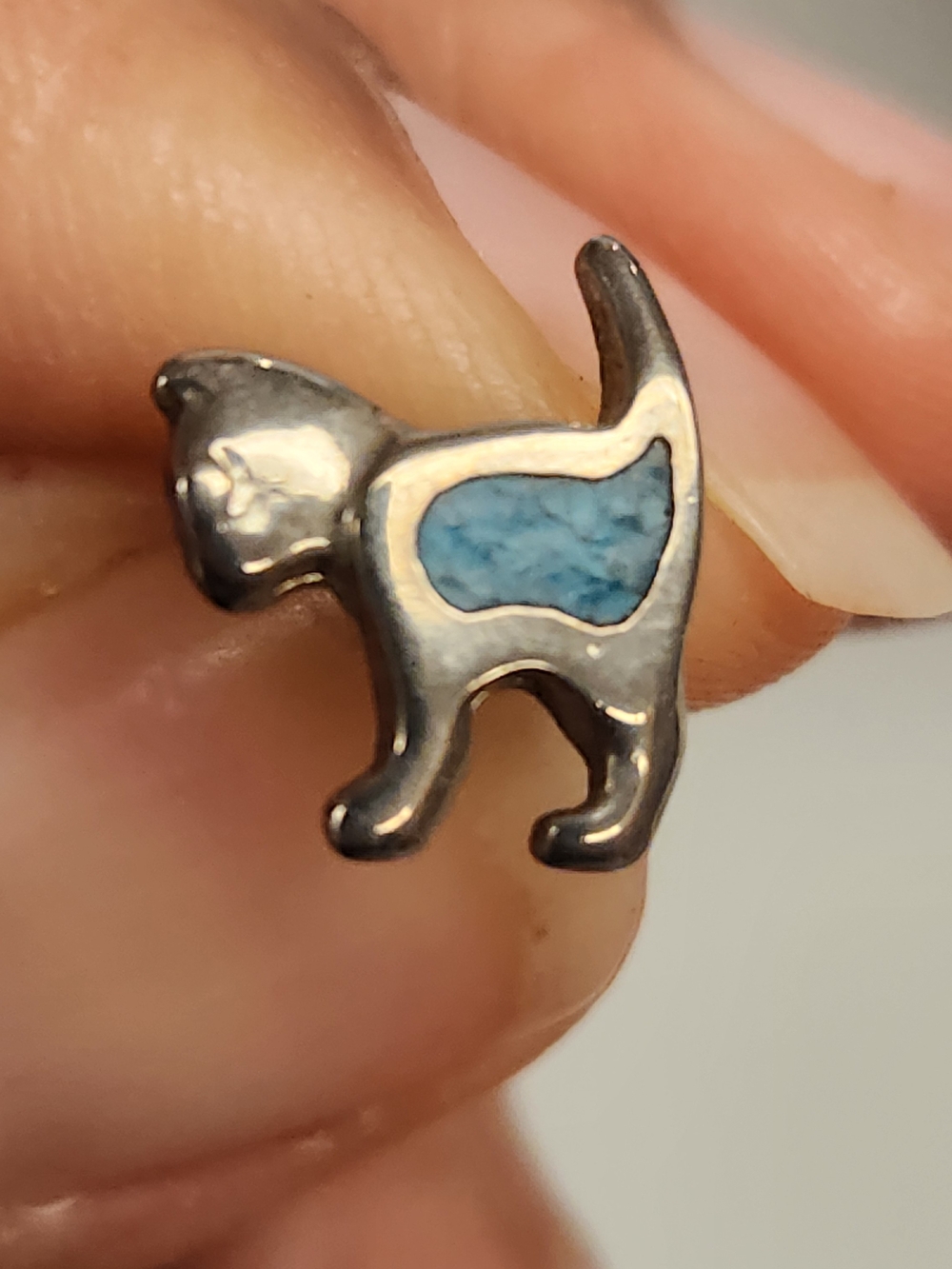 Blue Inlay Cat  Pierced Earring 3/4" Marked 83.